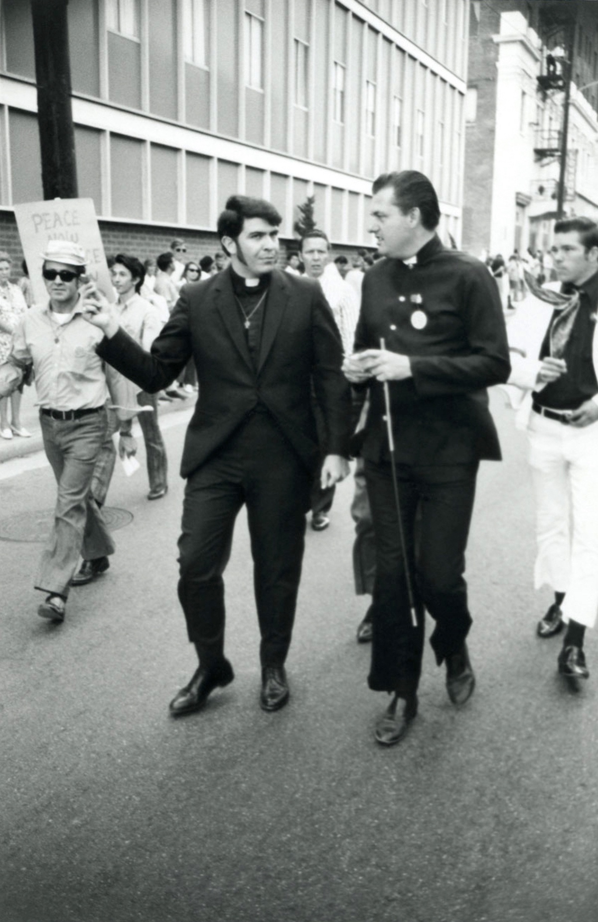 The Rev. Troy Perry takes part in the first L.A. Pride Parade (with Rev. Bob Humphries), which he helped to organize in 1970. Courtesy of Rev. Troy Perry.