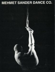 A Mehmet Sander Dance Company flier for a performance at Highways Performance Space and Gallery in Santa Monica, CA. It features a performer with their feet tied by rope, balancing themself in the air. Photo courtesy of Mehmet Sander.