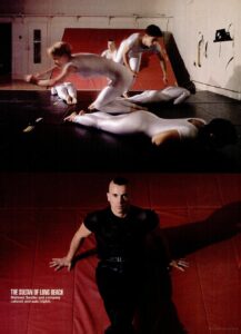 A scan of Mehmet Sander and performers from the Mehmet Sander Dance Company’s feature in the Advocate, June 14, 1994. The article is titled, “Kamikaze Choreographer”, and the caption on these two photographs reads, “The Sultan of Long Beach: Mehmet Sander and company (above) and solo (right).” Reviewer: Charles Isherwood. Photo courtesy of Mehmet Sander.