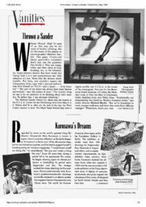 A scan of Mehmet Sander’s feature in Vanity Fair, May 1994. The article is titled “Thrown a Sander”. Reviewer: Jan Breslauer.  Photo courtesy of Mehmet Sander.