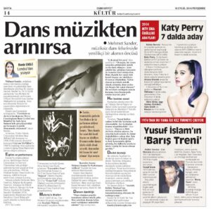 A scan of Mehmet Sander’s feature in KÜLTÜR,  September 18, 2014. The article is titled, “Dans müzikten arınırska”. Reviewer: Hande Eagle. Photo courtesy of Mehmet Sander.
