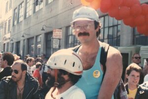David’s husband Peter Tannen returning from his three-month AIDS LifeCycle ride from New York to Dore Alley, 1986.