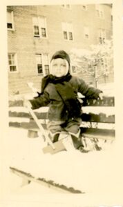 David, as a child, playing outside during a snowstorm, Boston, MA, March 1947.