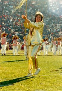 Carolyn with the Berkeley Arts Magnet School (BAM) Percussion Band and Escola Nuevo playing for the half-time of the East-West Shriners Game, San Francisco, CA, 1987. Photo courtesy of Carolyn Brandy.