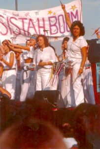 Carolyn playing with Sistah Boom at the Democratic National Convention, San Francisco, CA, 1984. Photo courtesy of Carolyn Brandy.