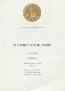 An event flier for the 97th Philadelphia Award, which was conferred on Mel Heifetz in Philadelphia, PA, June 7, 2018.