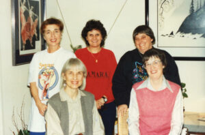 Judy and her Women's Group friends, reunited in the early 1990s. Front row L-R: Carol Ring, Polly Riley. Back row L-R: Dale Eunson, Juanita David, Judy Abdo. Photo courtesy of Santa Monica Public Library Image Archives, Judy Abdo Photo Album Collection.