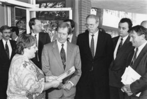 Judy Abdo reading the City’s unframed proclamation to Vaclav Havel, the president of the Czech Republic, at the RAND Corporation, October 24, 1991. Photo courtesy of Santa Monica Public Library Image Archives, Judy Abdo Photo Album Collection.