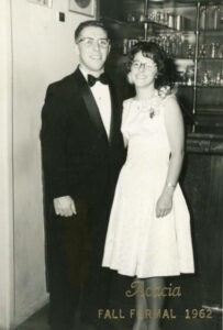 L-R: Judy’s then-boyfriend Joseph Abdo and Judy Ulrich smiling at the 1962 Fall Formal. The picture was taken when Joseph Abdo was a student at UCLA. He would earn his masters degree at California State University, Los Angeles. Photo courtesy of Santa Monica Public Library Image Archives, Judy Abdo Photo Album Collection.