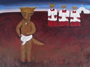“Coyote Opts out of the Choir” acrylic painting by L. Frank, who shares that “Coyote is leaving the Church, leaving oppression.” Courtesy of L. Frank.