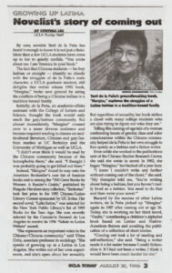 A partial article from UCLA Today titled, “Growing Up Latina: Novelist’s Story of Coming Out” by Cynthia Lee, pg. 3, published on August 30, 1996. A cropped portrait of Terri is featured in the right hand corner.