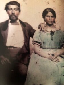 A portrait of Terri’s paternal great grandparents Reducindo Enriquez and Ramona Marquez, circa 1860s. Terri shares, “Ramona’s feather Francisco Marquez was co-owner of the 1839 Mexican land grant Rancho Boca de Santa Monica which covered Santa Monica Canyon, Pacific Palisades, and parts of Topanga Canyon in Southern California. There is some distortion because the original is a tintype, and a cousin gave me this copy of the tintype.” Photo courtesy of Terri de la Peña. 
