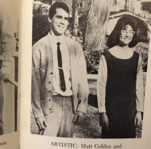 A portrait of Matt Golden (Terri’s classmate) and Terri de la Peña from St. Monica High School’s yearbook. Terri shares, “I was deemed “most artistic” among the “Senior Mosts” in 1964, which is the year I graduated.” Photo courtesy of Terri de la Peña. 