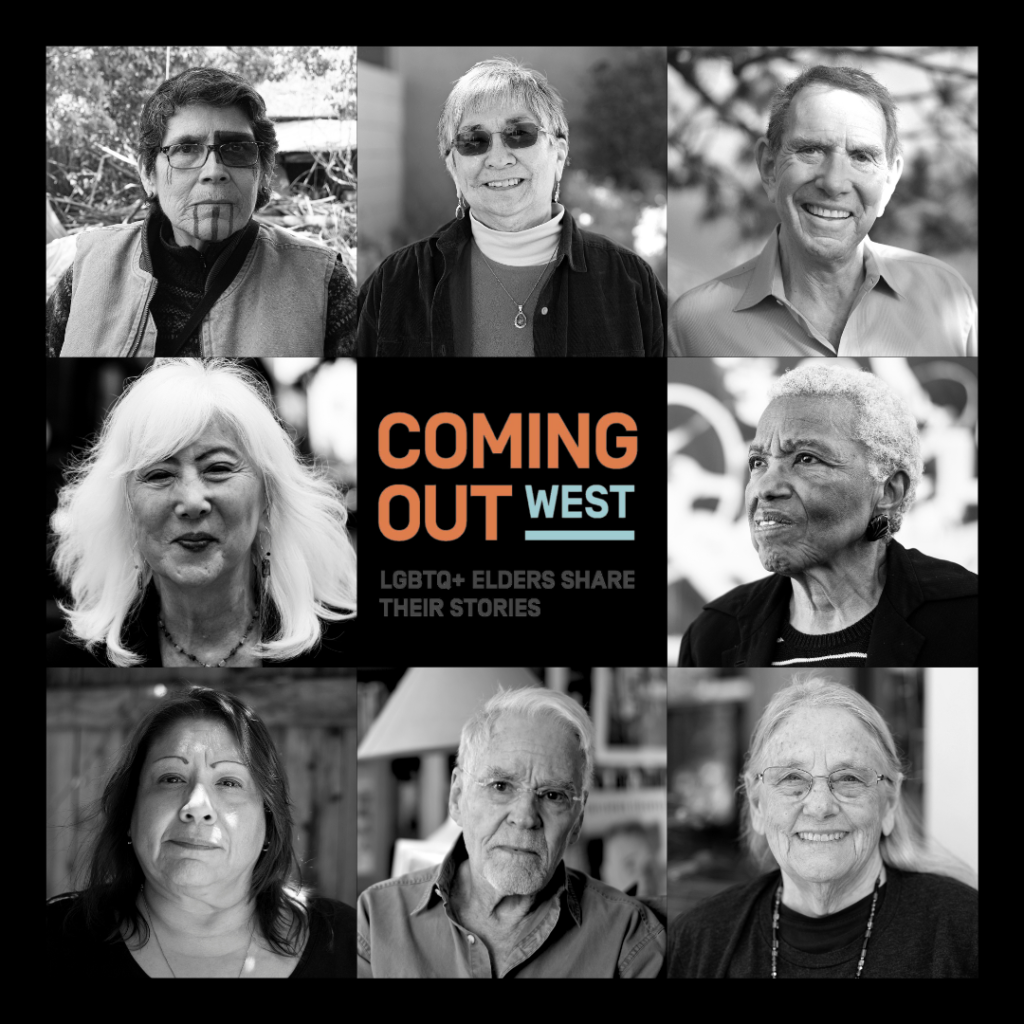 A black-and-white grid of eight LGBTQ+ elders' faces surrounds the orange, blue, and gray logo in the center, which reads Coming Out West: LGBTQ+ Elders Share Their Stories.