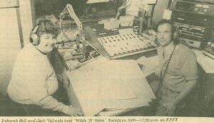 A newspaper clipping featuring Deborah Moncrief Bell and Jack Valinski as hosts of KPFT Radio (90.1 FM)’s “Wilde ‘N Stein” show, Houston, TX. Photo courtesy of Deborah Moncrief Bell.