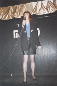 Jessica singing “Stonewall” at the Metro, Atlanta, GA, January 1994. Photo courtesy of Jessica Xavier.