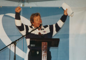 Lorri speaking at the 2nd AIDS/LifeCycle, June 2003.