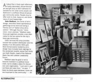 Dale featured in the gay publication Alternative regarding his store A.N.D. (art-n-design), Baltimore, MD, 1996. Photo courtesy of Dale Guy Madison.