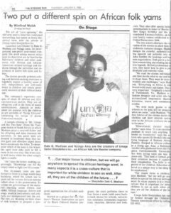 Dale Guy Madison and his colleague Nzinga Ama featured in a Baltimore Sun article regarding his storytelling company Umoja Sasa Storytellers Inc., Baltimore, MD, 1989. Photo courtesy of Dale Guy Madison.