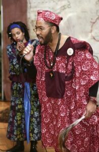 L-R: Nzinga Ama and Dale Guy Madison during a live performance from his storytelling company Umoja Sasa Storytellers Inc., Baltimore, MD, 1989. Photo courtesy of Dale Guy Madison.