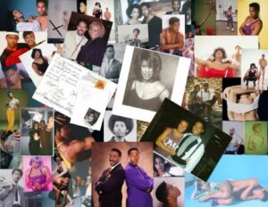 A collage of different images and self-portraits, placed on the inside front cover of Dale’s self-published memoir 