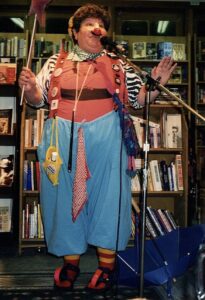 Judith performing as Prosciutto the clown, Mama Bears Bookstore, Oakland, CA, 1996. Photo courtesy of Judith Masur.