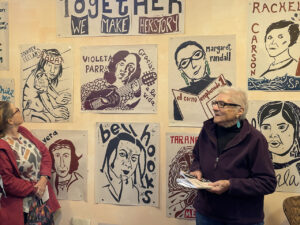 Margaret standing before her illustration on the wall, which was created by Juliana Kirwin’s women’s arts collective, in Albuquerque, NM, 2022. Photo courtesy of Margaret Randall.