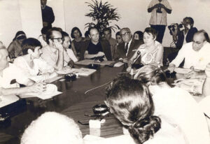 Meeting participants gathering at Casa de las Américas in Havana, Cuba, 1970. The participants included Margaret Randall (here with her hair tied back), Rodolfo Walsh, Silvia Gil, Alfredo Guevara, Manuel Galich, Haydee Santamaria, and Raul Roa. Margaret wrote a chapter on the organization for the book Haydée Santamaría, Cuban Revolutionary: She Lead By Transgression. Photo courtesy of Margaret Randall.
