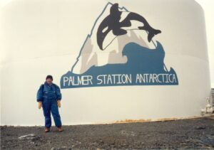 Esther in a snowsuit, Palmer Station, Antarctica, 1989. Photo courtesy of Esther Rothblum.