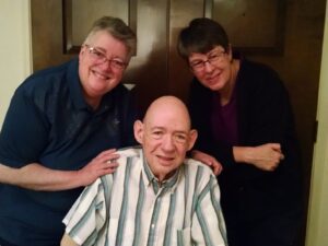 L-to-R: Shelley Diamond, Dr. Ronald Diamond (Shelley’s brother), and Barbara Belmont (Shelley’s wife) during Thanksgiving at Ronald’s house. Photo courtesy of Shelley Diamond.