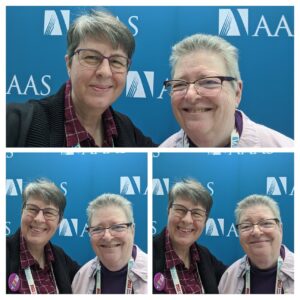 Shelley (at right) and her wife Barbara Belmont (at left) attending American Association for the Advancement of Science (AAAS) Annual Meeting in Seattle, WA, February 15, 2020. Photo Credit: AAAS Public Relations Department. Photo courtesy of Shelley Diamond.