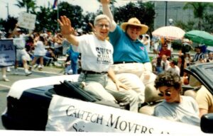 Shelley Diamond and her colleagues riding in the West Hollywood Pride Parade representing the Los Angeles Gay & Lesbian Scientists (LAGLS) and the California Institute of Technology (Caltech), West Hollywood, CA, June 1998. L-to-R: Dr. Kate Hutton, Caltech Seismologist; Shelley Diamond, Caltech researcher and co-chair of LAGLS; and friends. The white banner on the side of the car reads, “Caltech Movers & Shakers”. Photo courtesy of Shelley Diamond.