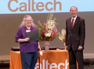 Shelley Diamond (at left) accepting her 40-Year Staff Award from Thomas Rosenbaum, the President of Caltech, at the Caltech Staff Awards, California Institute of Technology, Pasadena, CA, June 2, 2022. Photo Credit: Caltech Public Relations Department. Photo courtesy of Shelley Diamond.