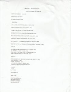 The first page of Christy Love’s professional resume, which lists her professional training, stage performances, screen performances, union associations and professional references. Photo courtesy of Christy Henderson-Jenkins.