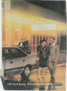 A Ford Taurus advertisement featuring Christy Love in 1987. Christy and her suited date are placed next to the Ford Taurus and in front of a billboard that reads, “Dance Premiere Tonight”, while another equally dressed-up Black couple walks by. The whole ad is captioned, “1987 Ford Taurus. It Performs Beautifully.” Christy shares, “It was one of the first advertisements I got to do and I was ecstatic, but I had to be secretive on set as a trans woman.” Photo courtesy of Christy Henderson-Jenkins.