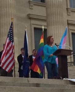 Stephanie speaking on the steps of the Kansas State Capitol, 2016. Photo courtesy of Stephanie Byers.