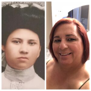 Side-by-side photo of Stephanie’s Chickasaw Great Grandmother, Nancy Byers (age 16, left) and Stephanie. Photo courtesy of Stephanie Byers.