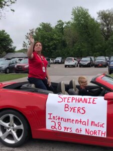 Stephanie at the retirement parade from Wichita High School North, in Wichita, Kansas, 2019. Photo courtesy of Stephanie Byers.