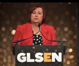 Stephanie speaks at the Respect Awards in New York City as she receives the National Educator of the Year from GLSEN, New York City, New York, 2018. Photo courtesy of Stephanie Byers.