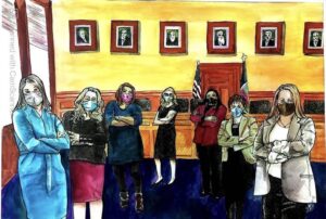 Stephanie (3rd from the left) in comic book form. These are the seven freshmen Democratic legislators in the 2021 Kansas House who became known as the Sunflower Sisters. At the Old Supreme Court Chamber, Kansas State Capitol, Topeka, Kansas, 2021. Photo courtesy of Stephanie Byers.