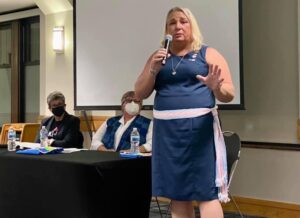 Stephanie speaks at the 51 Years Out event at University of Kansas, in Lawrence, Kansas, 2021. Photo courtesy of Stephanie Byers.