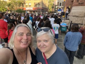 Stephanie Byers (L) with wife Lori Haas at a Trans Day of Visibility Rally at the Bexar County Courthouse in San Antonio, Texas, 2023.Photo courtesy of Stephanie Byers.