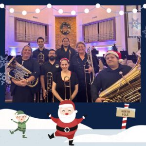 Stephanie Byers (far left) and the Pride of San Antonio ShowBand low brass section smile with their brass instruments amidst a dancing Santa and Elf photo frame. In San Antonio, Texans, December 2023. Photo courtesy of Stephanie Byers.