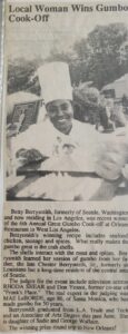 A newspaper clipping featuring Betty as the winner of the 6th Annual Great Gumbo Cook-Off competition at Orleans Restaurant in Los Angeles, CA. Photo courtesy of Betty Berrysmith.