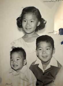 Marsha Aizumi (age 10?) and her two younger brothers (name, and Stephen). Temple City, CA, 1954. Photo courtesy of Marsha Aizumi.