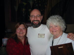 Jeff Mann (center) meeting his friend, writer Dorothy Allison, and one of his literary heroes, Patricia Nell Warren at the Saints & Sinners Literary Festival. In New Orleans, Louisiana, May 2003. Photo courtesy of Jeff Mann.  