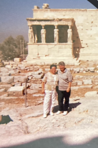 Harriet Miller and Monica Wehrle in among ancient, sunbleached architecture. In Aegina, Greece, 1998. Photo Courtesy of Harriet Miller and Monica Wehrle.
