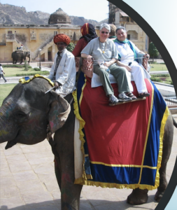 Monica Wehrle and Harriet Miller atop an elephant in India with friends Sharon Miller and 
Tina Zion. India, 2005. Photo Courtesy of Harriet Miller and Monica Wehrle.
