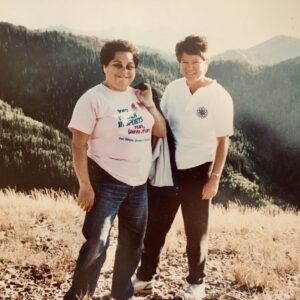 Harriet Miller and Monica Wehrle atop a scenic mountain in Utah, 2007. Photo Courtesy of Harriet Miller and Monica Wehrle.
