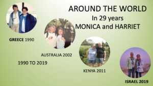 Slideshow slide of Monica and Harriet’s various travels around the world titled Around the world: in 29 years Monica and Harriet…: Australia, Kenya, Israel, 1990-2019.” Photo Courtesy of Harriet Miller and Monica Wehrle.